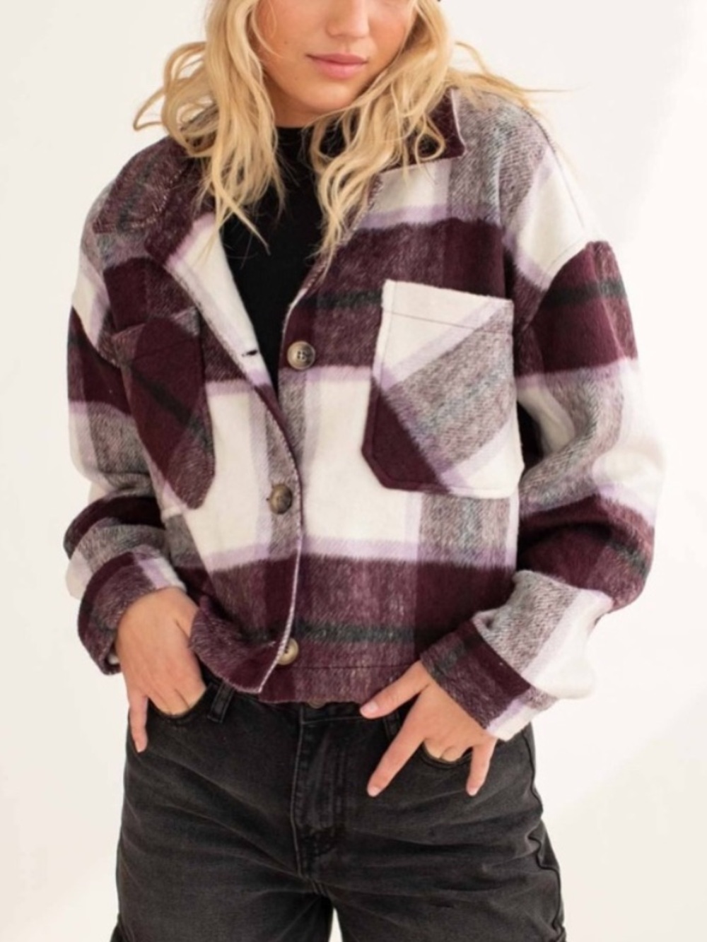 Purple Plaid Button-Front Jacket & Coat